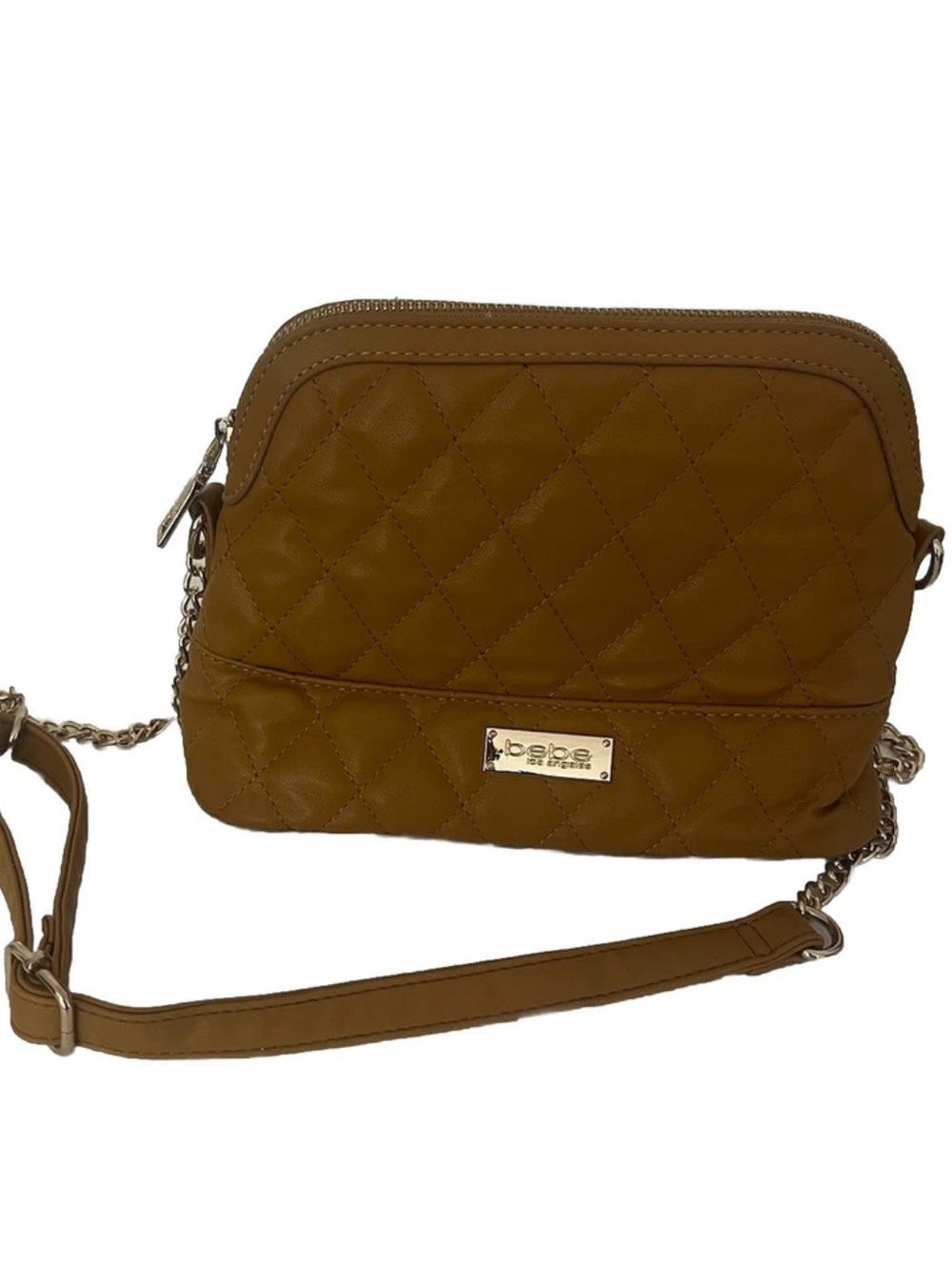 bebe Quilted Crossbody Bag in Tan with Gold Chain